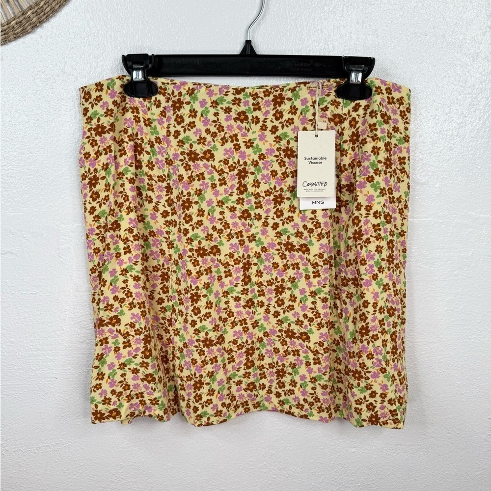 MNG Mango Skirt Womens Size L Yellow Floral Mini Lined Back Zip